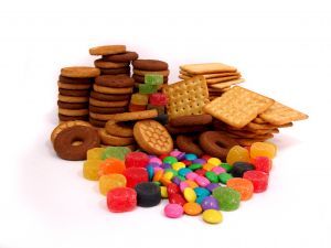 Pile of snacks, crackers, and candy
