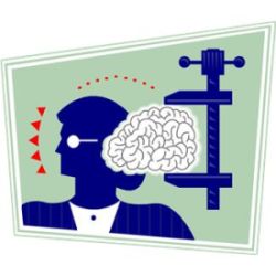 Cartoon graphic of woman's brain being squeezed in a vise grip