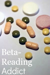 Pills scattered over a surface with text "Beta Reading Addict"