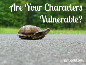A turtle in the middle of a road with text: Are Your Characters Vulnerable?