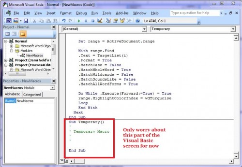 Screenshot of Visual Basic window