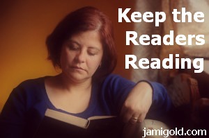 Woman reading a book with text: Keep the Readers Reading