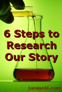 Scientist mixing chemicals with text: 6 Steps to Research Our Story
