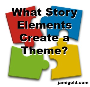 Scattered puzzled pieces with text: What Story Elements Create a Theme?