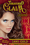 Treasured Claim cover: Beautiful dark-haired white woman with striking bright blue eyes and near-luminescent skin stares at viewer against red background of dragon outline and ruby gemstone graphics