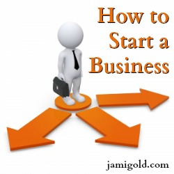 Graphic of a figure holding a briefcase in front of arrows with text: How to Start a Business