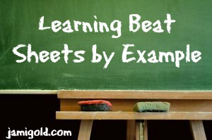 Chalkboard with text: Learning Beat Sheets by Example