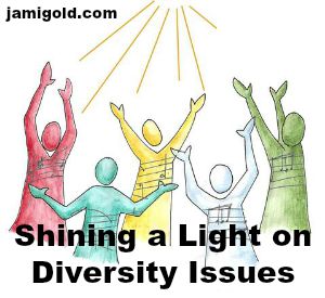 Cartoon of people looking up at light with text: Shining a Light on Diversity Issues