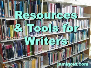 Library bookshelves with text: Resources & Tools for Writers