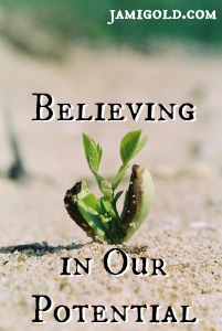 Plant seedling in the sand with text: Believing in Our Potential
