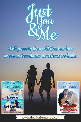 Collage of Devika's covers with text: Just You & Me -- We'll prove to the world that true love knows no boundaries, no colours, no limits.