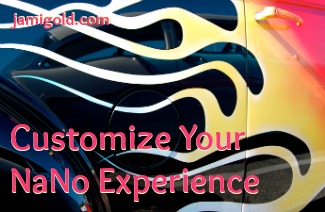 Close up of custom flames paint job on a car with text: Customize Your NaNo Experience