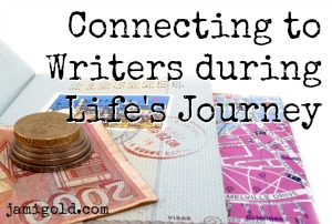 Passport, map, and currency with text: Connecting to Writers during Life's Journey