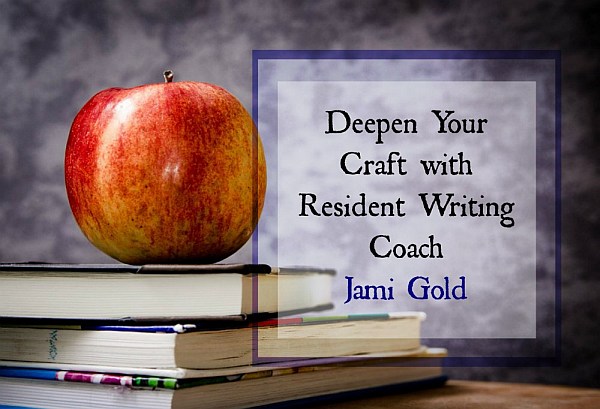 Apple on books with text: Deepen Your Craft with Resident Writing Coach Jami Gold (at Writers Helping Writers)