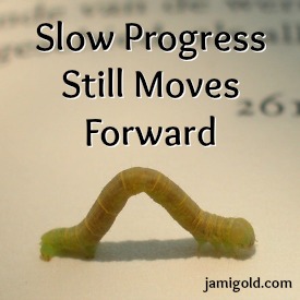 Inchworm creeping across a book with text: Slow Progress Still Moves Forward