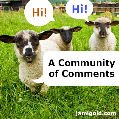 Group of sheep in a field with "Hi" speech bubbles and text: A Community of Comments