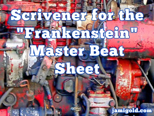 Messy-looking red and blue engine with text: Scrivener for the "Frankenstein" Master Beat Sheet