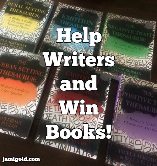 Thesaurus books in background with text: Help Writers and Win Books!