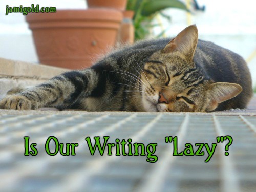 Cat asleep on a rug with text: Is Our Writing "Lazy"?