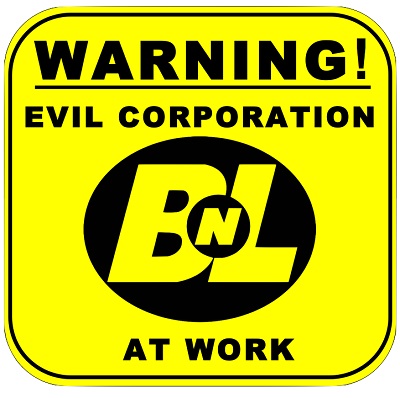 Buy-n-Large logo with text: Warning! Evil Corporation at Work