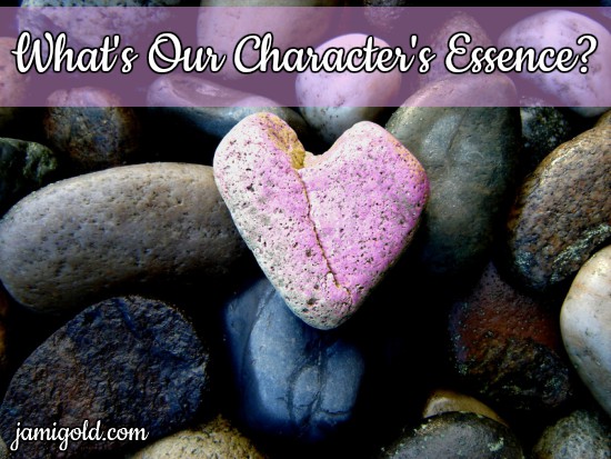 Pink stone among river rocks with text: What's Our Character's Essence?