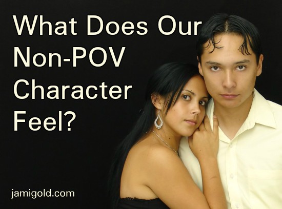 Latinx couple embracing with unclear expressions with text: What Does Our Non-POV Character Feel?