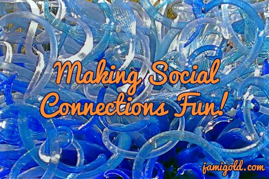 Swirling Chihuly glass feature with text: Making Social Connections Fun!