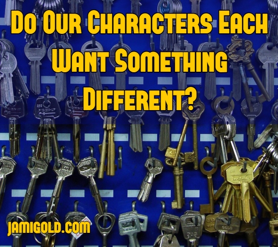 Dozens of different keys hanging on wall with text: Do Our Characters Each Want Something Different?