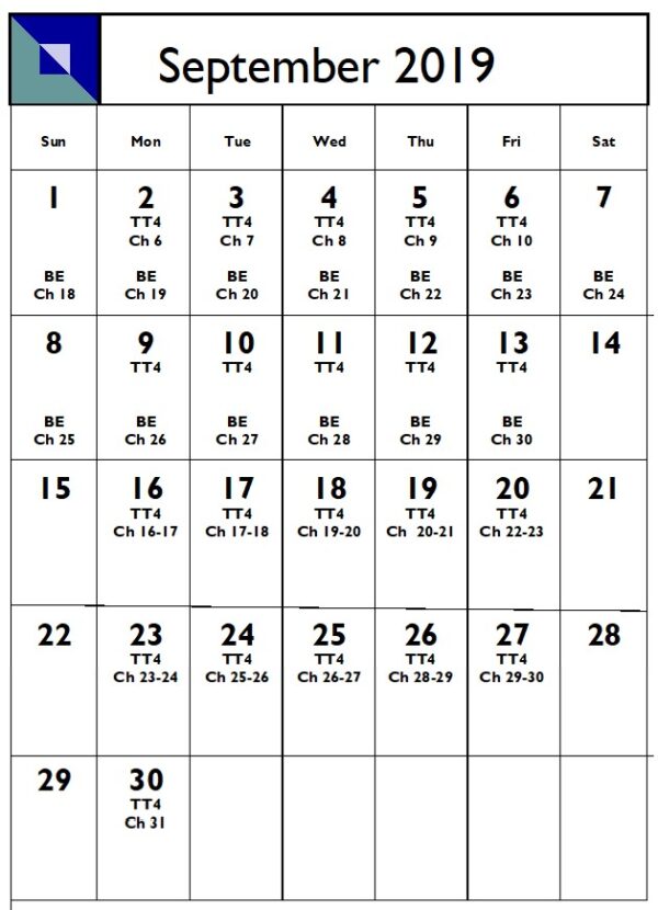 Example of a monthly writing schedule