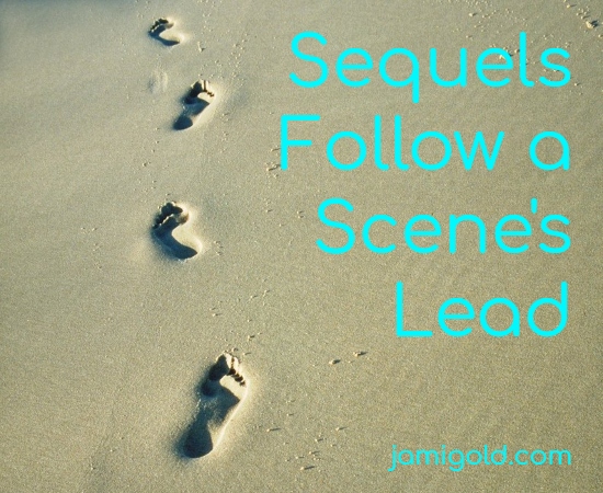 Footprints in sand with text: Sequels Follow a Scene's Lead