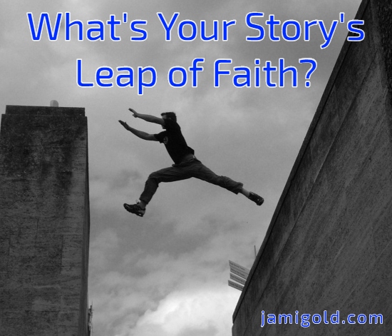 Figure parkour jumping from one building to another with text: What's Your Story's Leap of Faith?