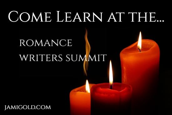 Dark background of romantic candles with text: Come Learn at the Romance Writers Summit