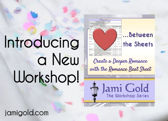 Image of Romance Beat Sheet workshop on background of confetti with text: Introducing a New Workshop!
