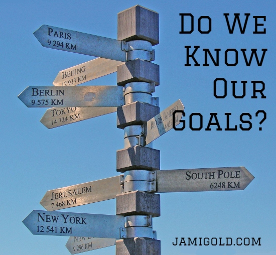 Signpost with directions and mileage to cities worldwide with text: Do We Know Our Goals?