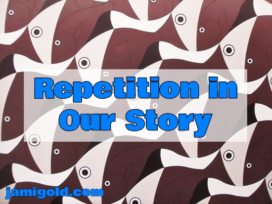 Drawing of a repeating fish pattern with text: Repetition in Our Story