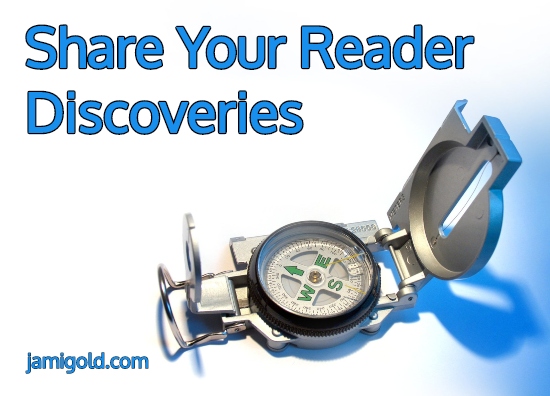 Compass on white background with text: Share Your Reader Discoveries