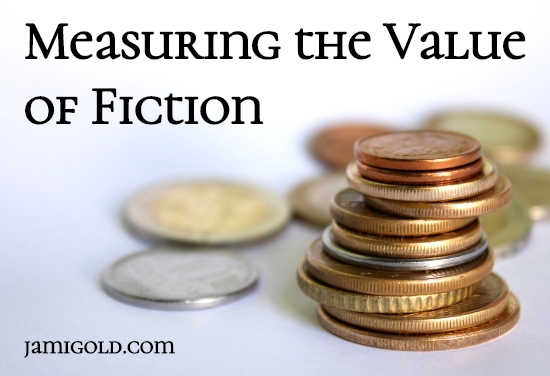 Stacks of coins with text: Measuring the Value of Fiction