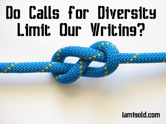 Blue rope in a figure-8 sailing knot with text: Do Calls for Diversity Limit Our Writing