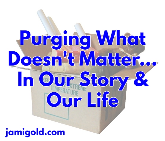 Overflowing moving box with text: Purging What Doesn't Matter...In Our Story & Our Life