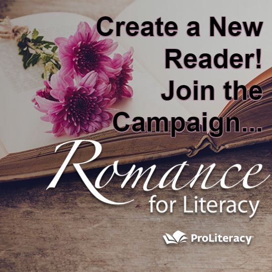 Flowers on a book with text: Create a New Reader! Join the Campaign... Romance for Literacy