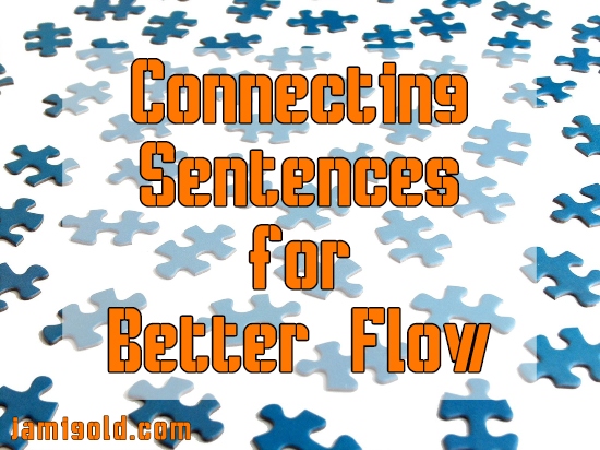 Scattered puzzle pieces with text: Connecting Sentences for Better Flow
