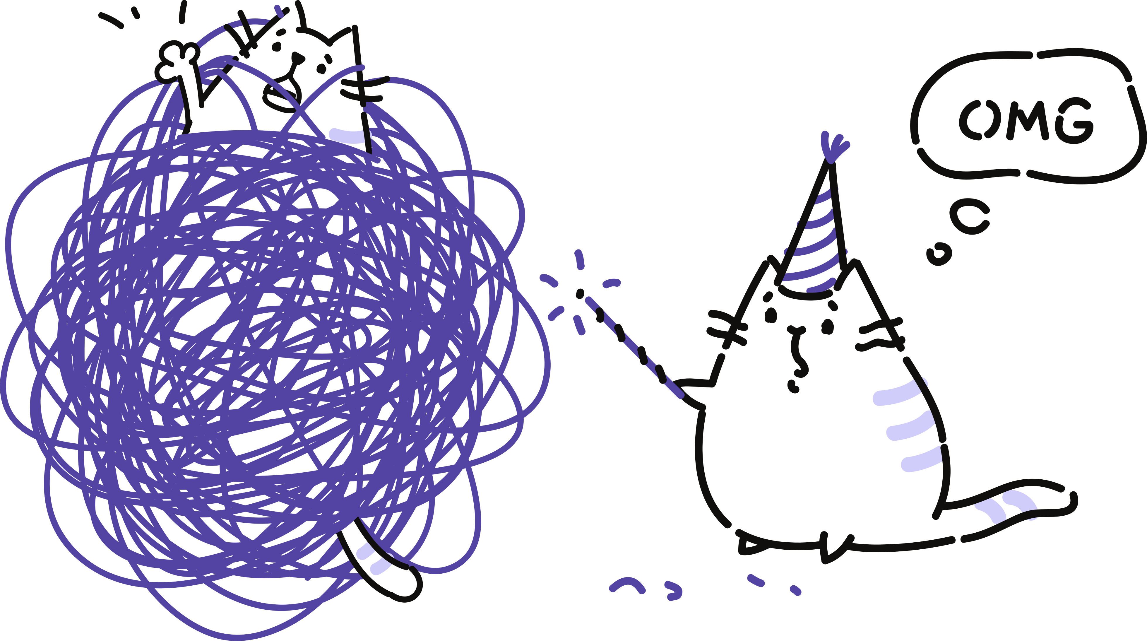 Cartoon cat with magic hat and wand saying OMG to another cat tangled in huge ball of string